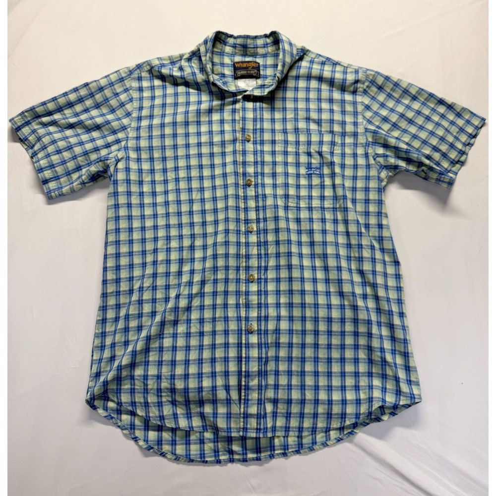 Wrangler Classic Blues Shirt Mens L Multicolor Plaid Cotton Pleated Button Down